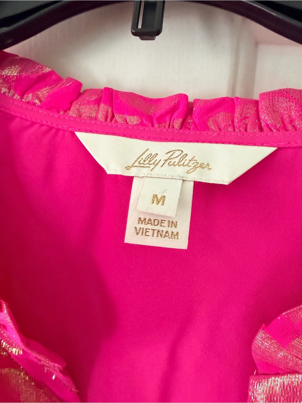Lilly Pulitzer Hot Pink Metallic Floral V-Neck Long Sleeve Blouse - Picture 3 of 3